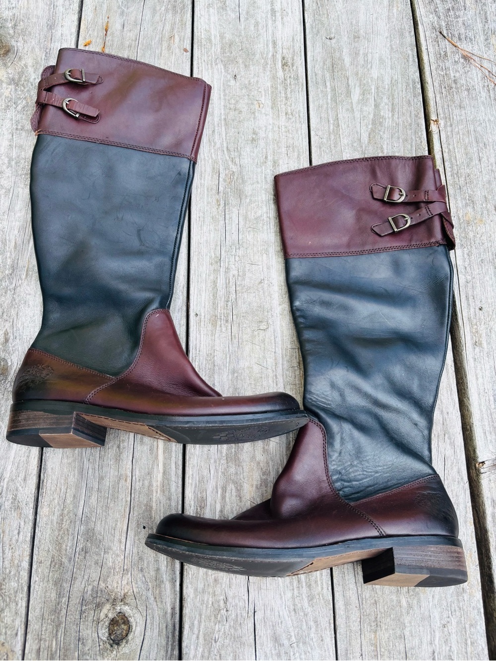 Vince Camuto Women's Two-Tone Leather Boots Riding Tall Black and Brown Size9.5
